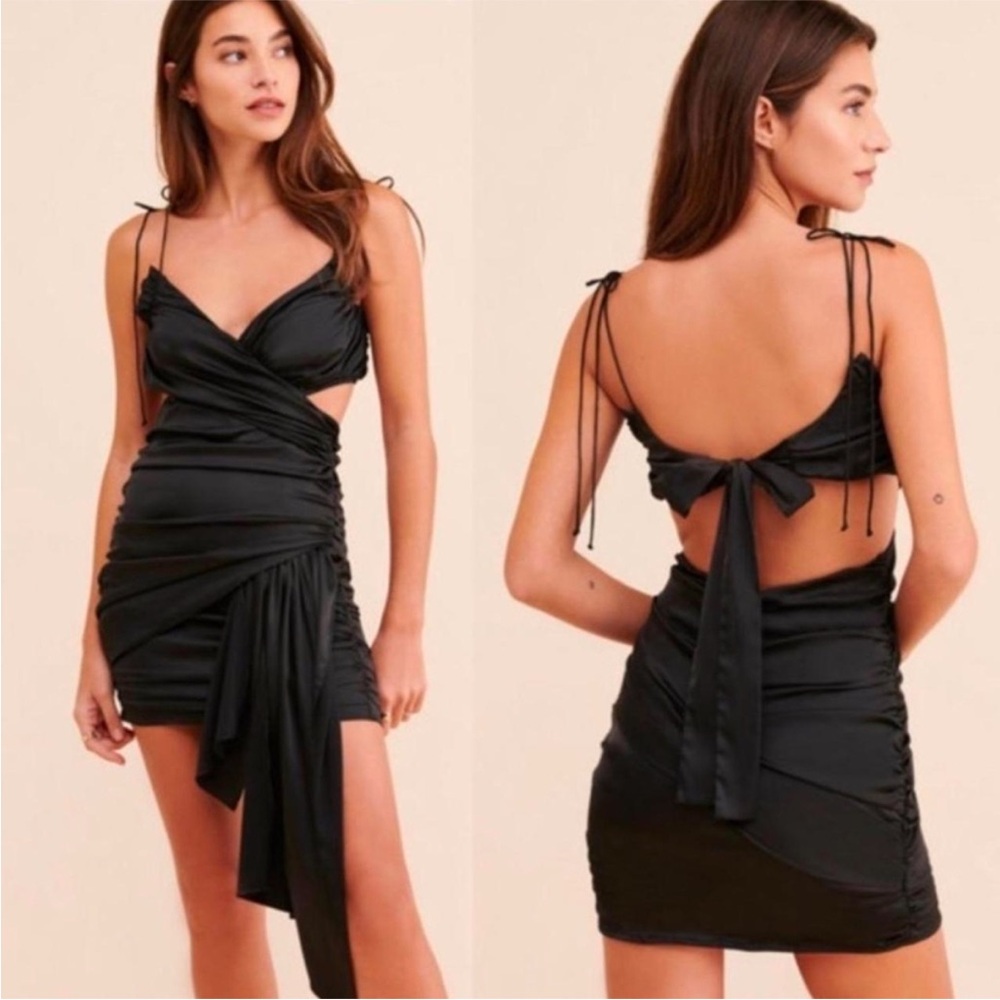 FOR LOVE & LEMONS MADONNA FAUX WRAP MINI DRESS black satin Small ***read